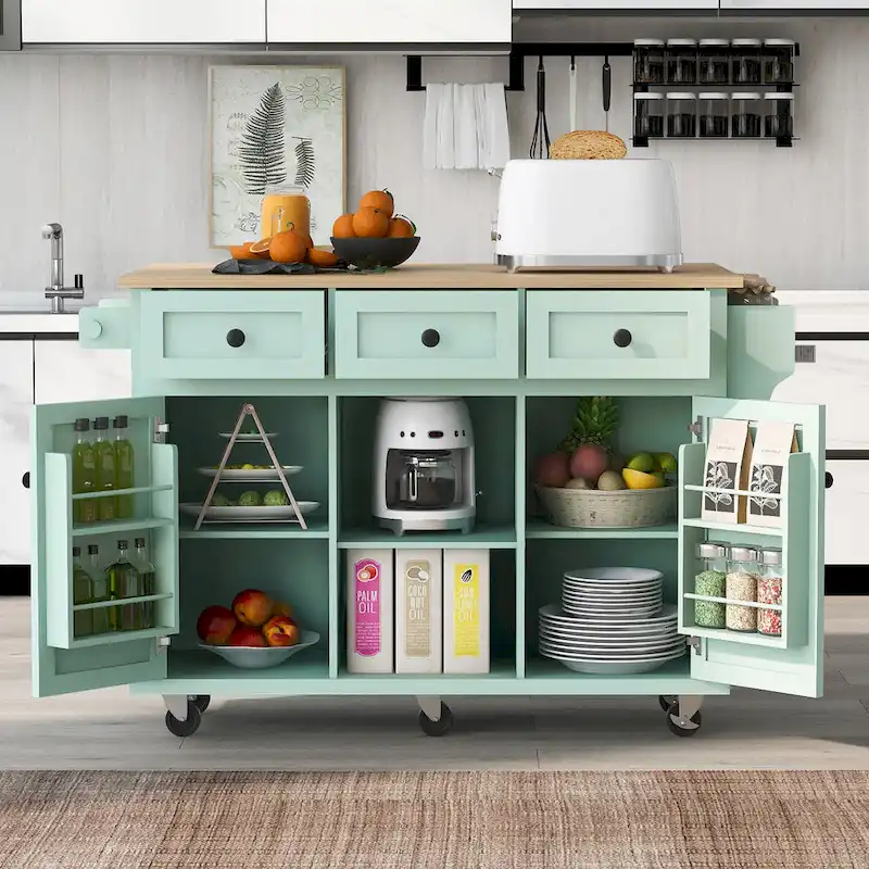 Black / Mint Green / White / Blue Rolling Kitchen Island Cart with Drop-Leaf, 3 Drawers & Shelves, for 1