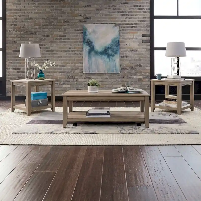 Sandstone brown living room furniture, including a coffee table and a side table.
