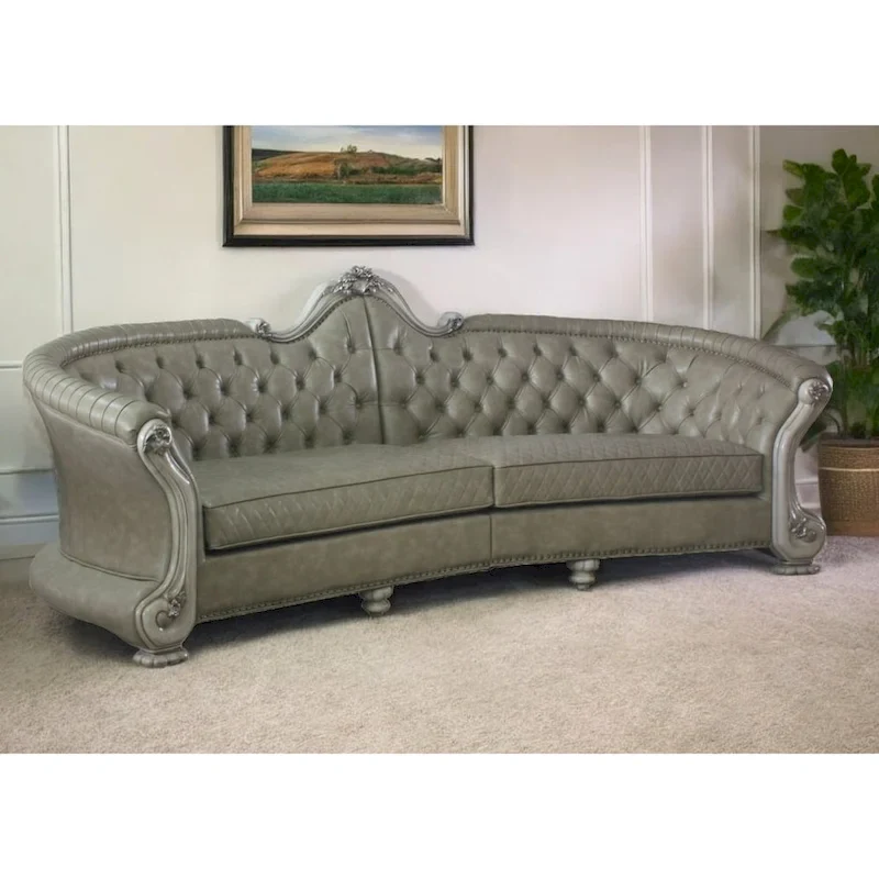 113 Bone Faux Leather Sofa And Toss Pillows With White Legs