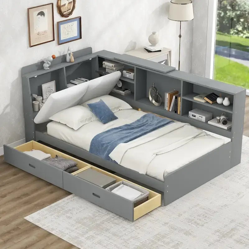 King Size Platform Bed, Upholstered Headboard, Storage Shelves, 2 Drawers, Trundle, Rotatable Board, Pine & MDF, Antique Gray / White, 2-Person Use
