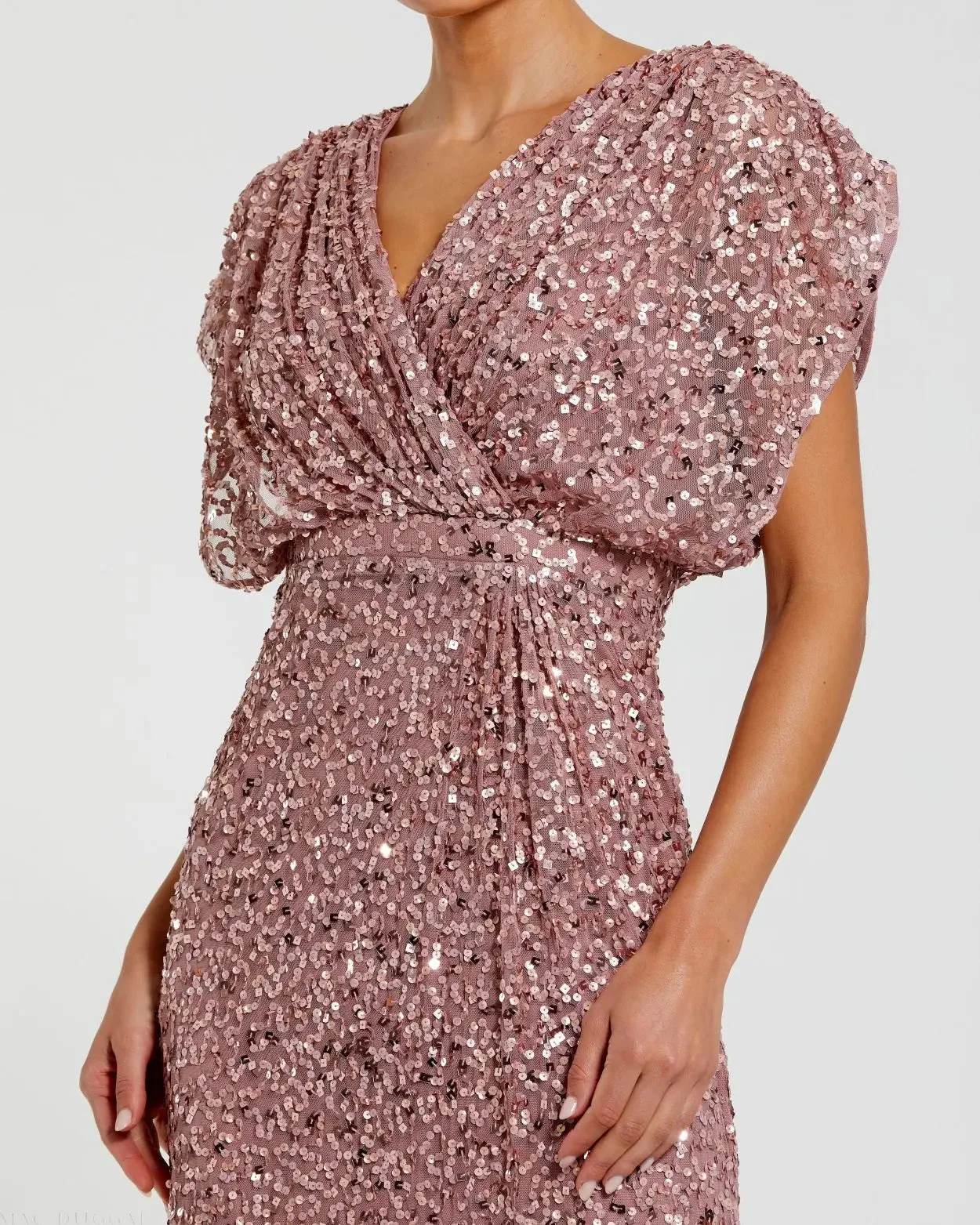 Purple Draped Sleeve V Neck Gown