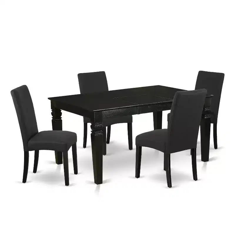 HomeStock 5-Piece Rectangle Black Finish Solid Wood Top Dining Table with 4 Parson Chair with Butterfly Leaf