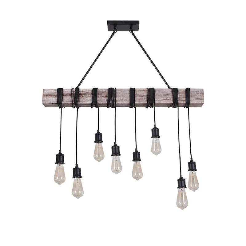 8-light Wooden Rope Kitchen Island Linear Pendant - Black