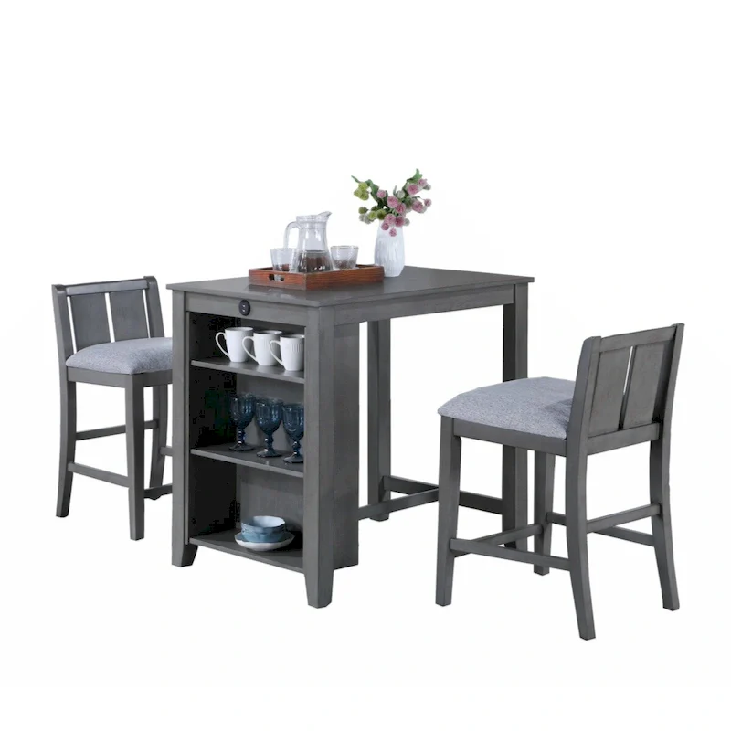 Grey / White Counter Height Dining Table Set for 2 with Storage Shelves