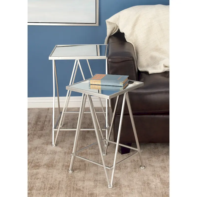 Gold, Silver or Black Metal Contemporary Accent Table with Mirrored Glass Top (Set of 2) - 15 x 15 x 25