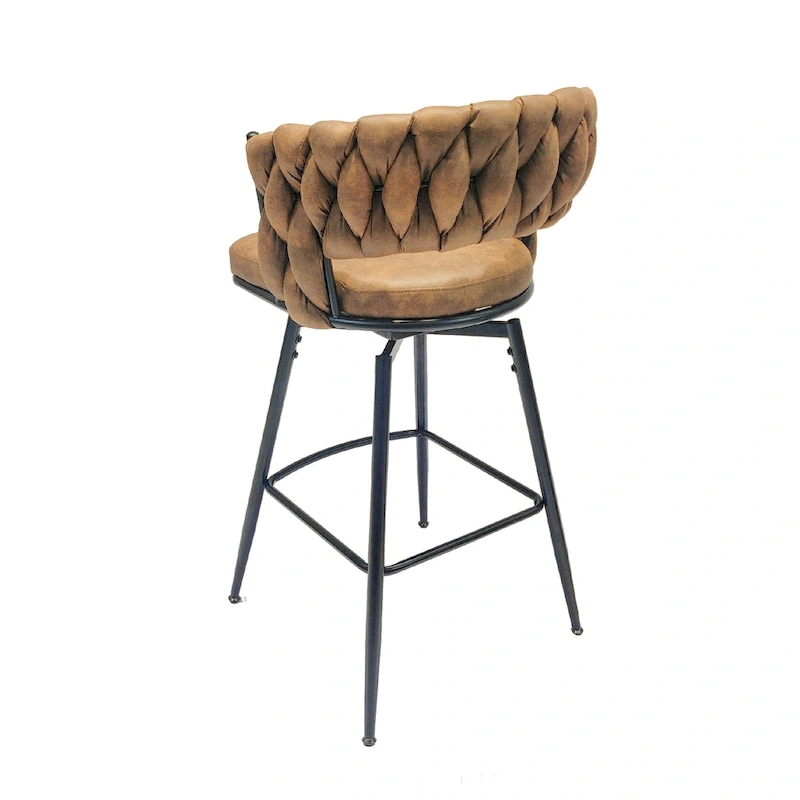 2 Woven Bar Stool,Black Legs No Adjustable Chairs,360 Swivel Upholstered Bar Chair Counter Stool Arm Chairs With Back Footrest