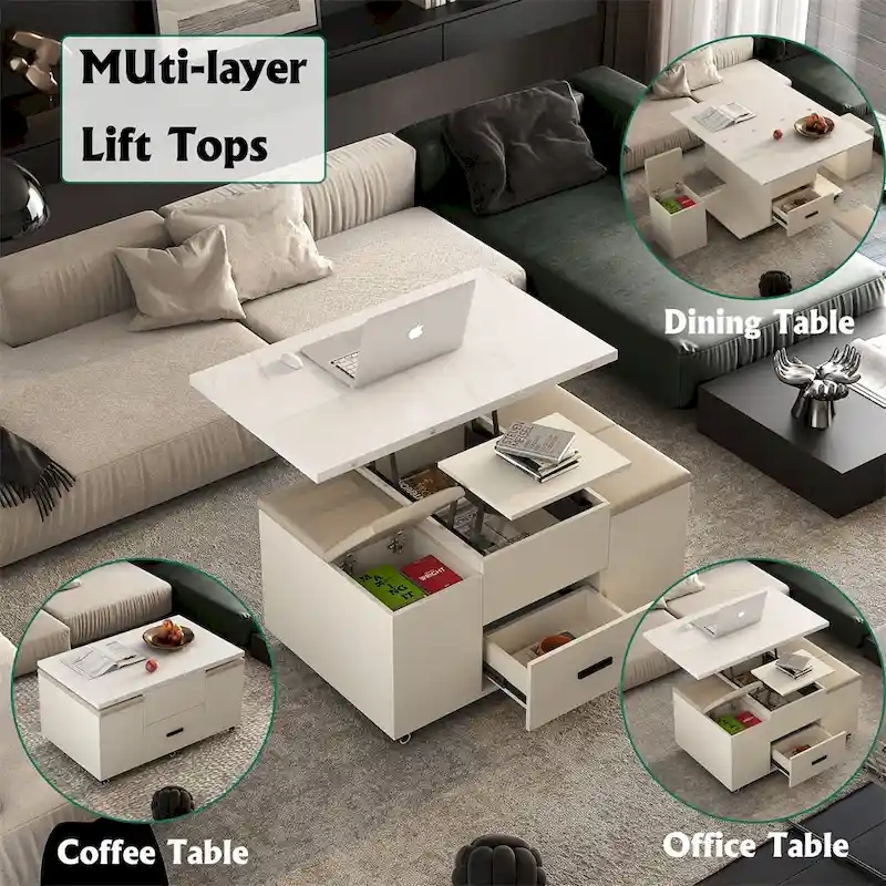 Modern Lift-Up Coffee Table with 4 Stools and 2 Drawers