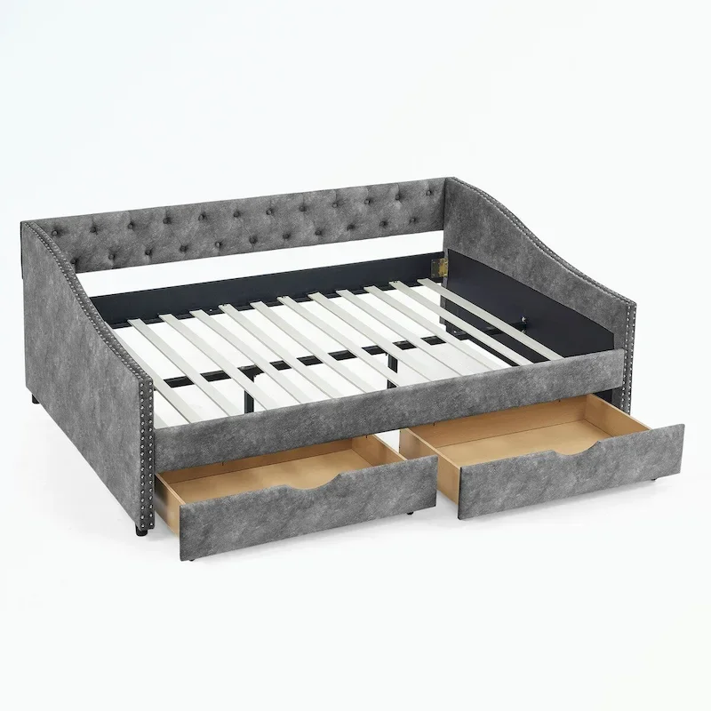 Grey / Beige Tufted Daybed with 2 Drawers, Full Size, 1-Person