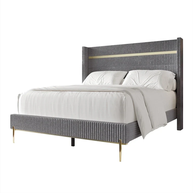 Corduroy Luxurious Gold PU Strip Wingback Velvet Upholstered Bed