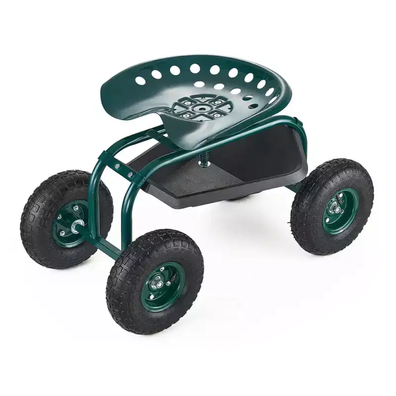 Rolling Garden Cart with 360 Degree Swivel Seat Heavy Duty Metal Frame 300 lbs Capacity with Storage Basket Tool Tray and 10 Inch Tires