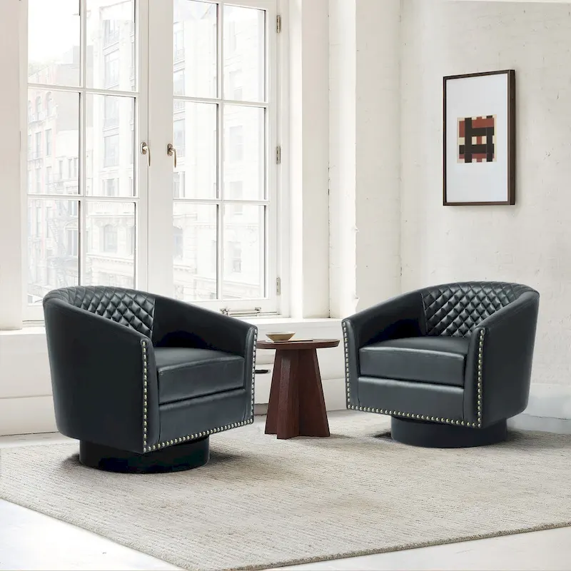 Faux Leather Nailheads Swivel Barrel Chair Set of 2
