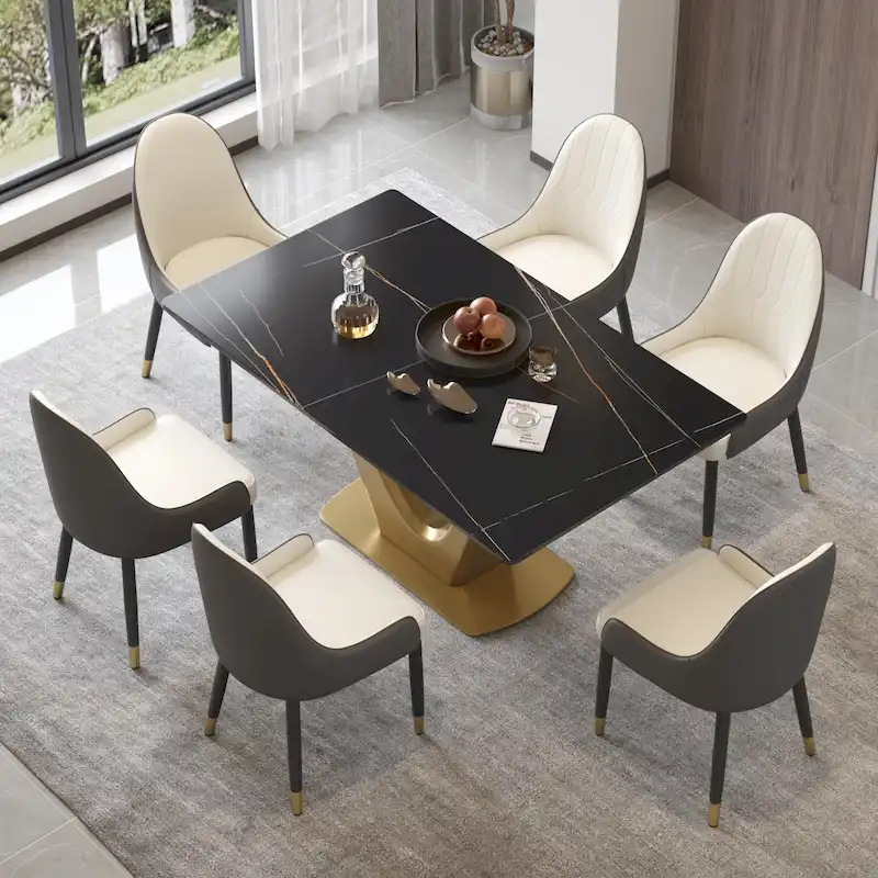 V Shape Pedestal Modern Marble Dining Table Slate Kitchen Table