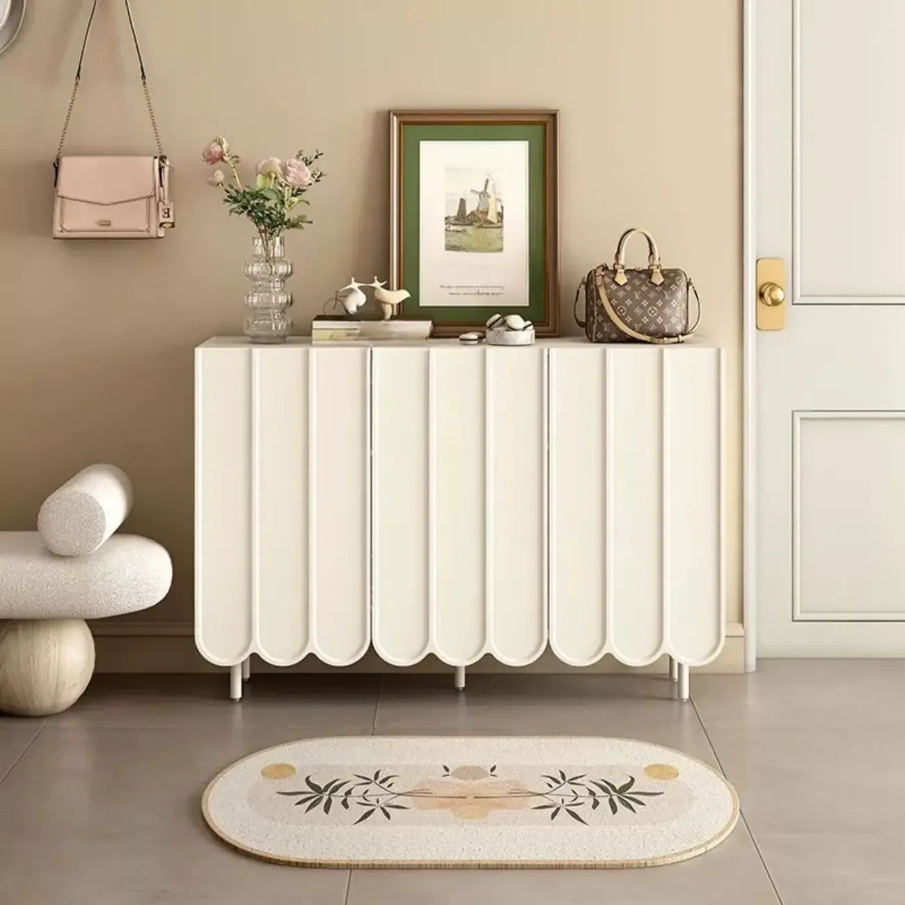 Entryway White Wooden Fluted Front Shoe Cabinet