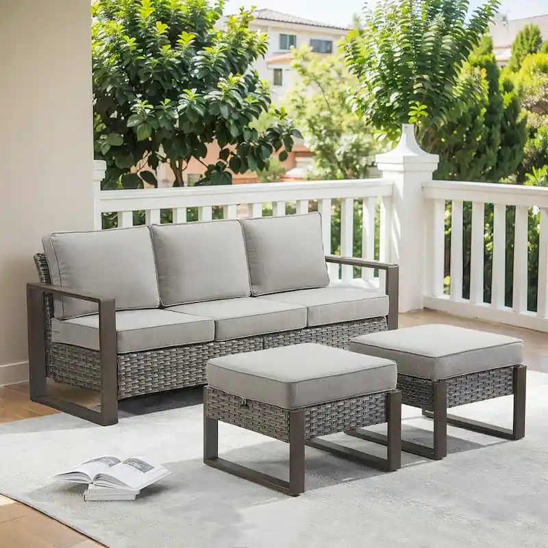 Outdoor PE Wicker Sofa and 2 Ottomans - Grey