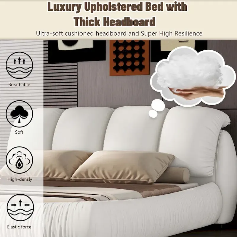 Luxury Upholstered Leather Bed with Thick Headboard
