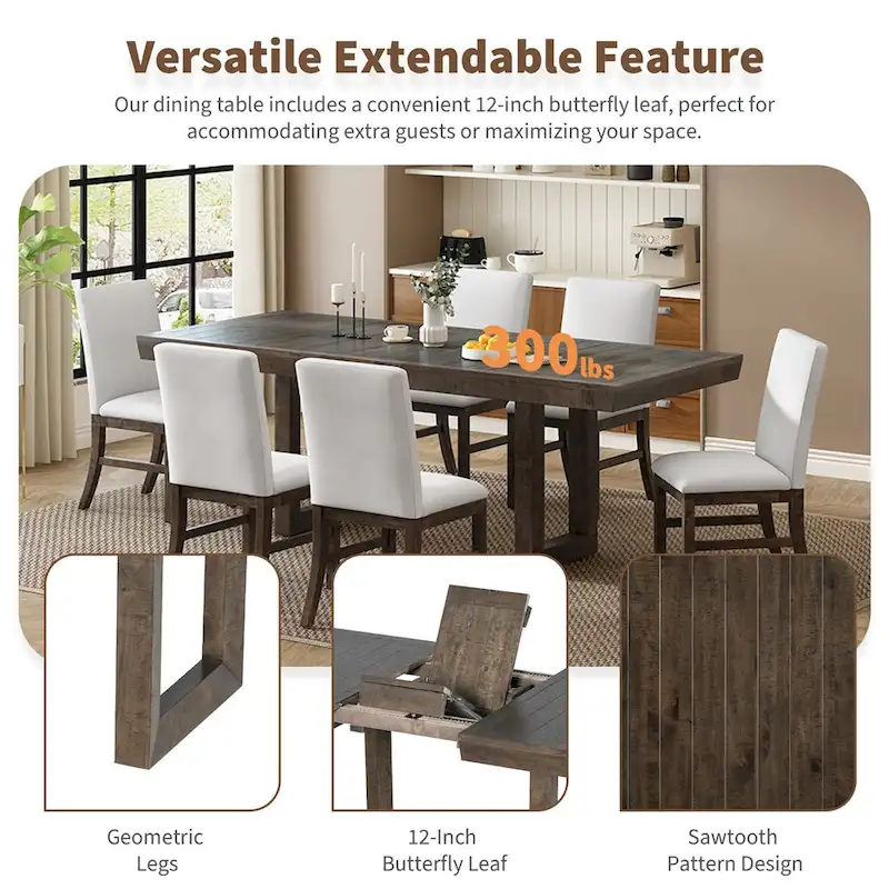 7-Piece 72 Extendable Dining Table Set w/ Butterfly Leaf and 6 Chairs
