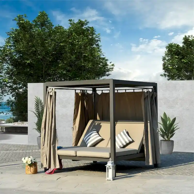 Outdoor Adjustable Daybed with Canopy Patio Steel Lounge Set