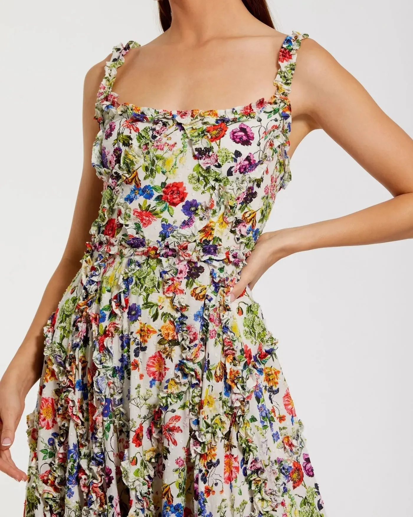 Multicolor Ruffle Scoop Neck Floral A-Line Dress