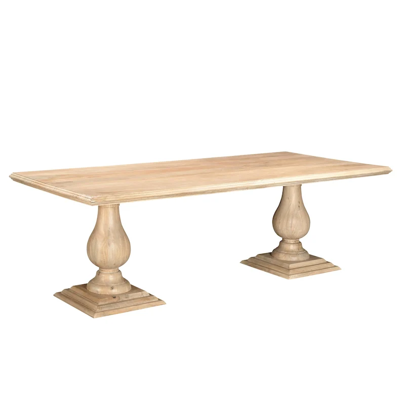 Rectangular Dining Table, Double Carved Pedestal Legs, Molded Edge Top, Solid Mango Wood, 75 W / 96 W, Beige / Brown, 6-8 Person Use