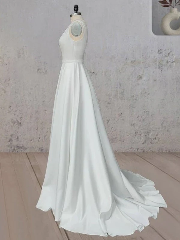 A-Line White Satin Elegant V Neck Wedding Dress