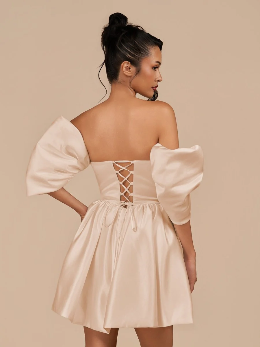 Champagne - A Line Satin Strapless Puffed Sleeves Short Homecoming Dresses
