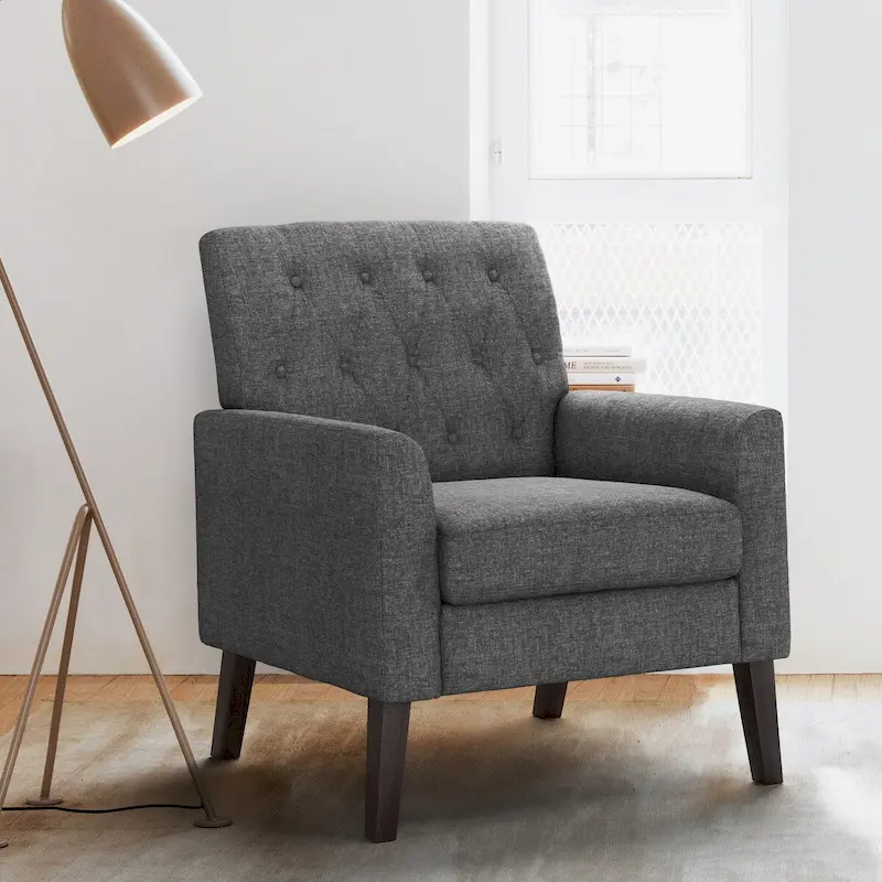 Linen and Walnut Legs Mid Century Modern Button Tufted Accent Chair - 29.53 H X 30 W X 33.07 D