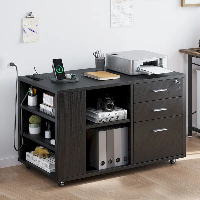 Brown Mobile Wood Lateral File Cabinet with Charging Station & Lock