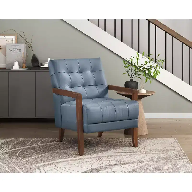 Okak Comfy Leather Accent Chair Contemporary Living Room Chair with Upholstered Tufted Cushion Walnut Finish Wood Armchair