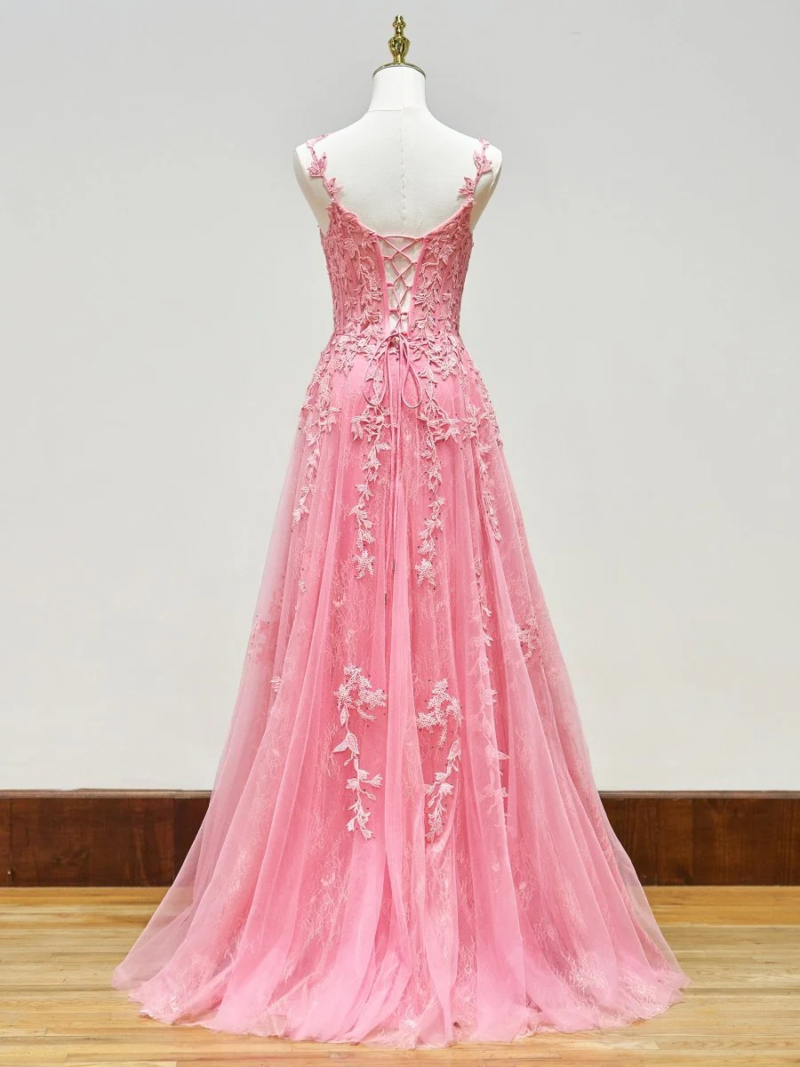 A-line V Neck Lace Tulle Prom Dress With Slit