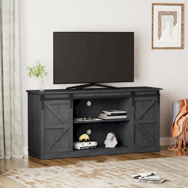 Farmhouse Wood TV Stand with Sliding Barn Door