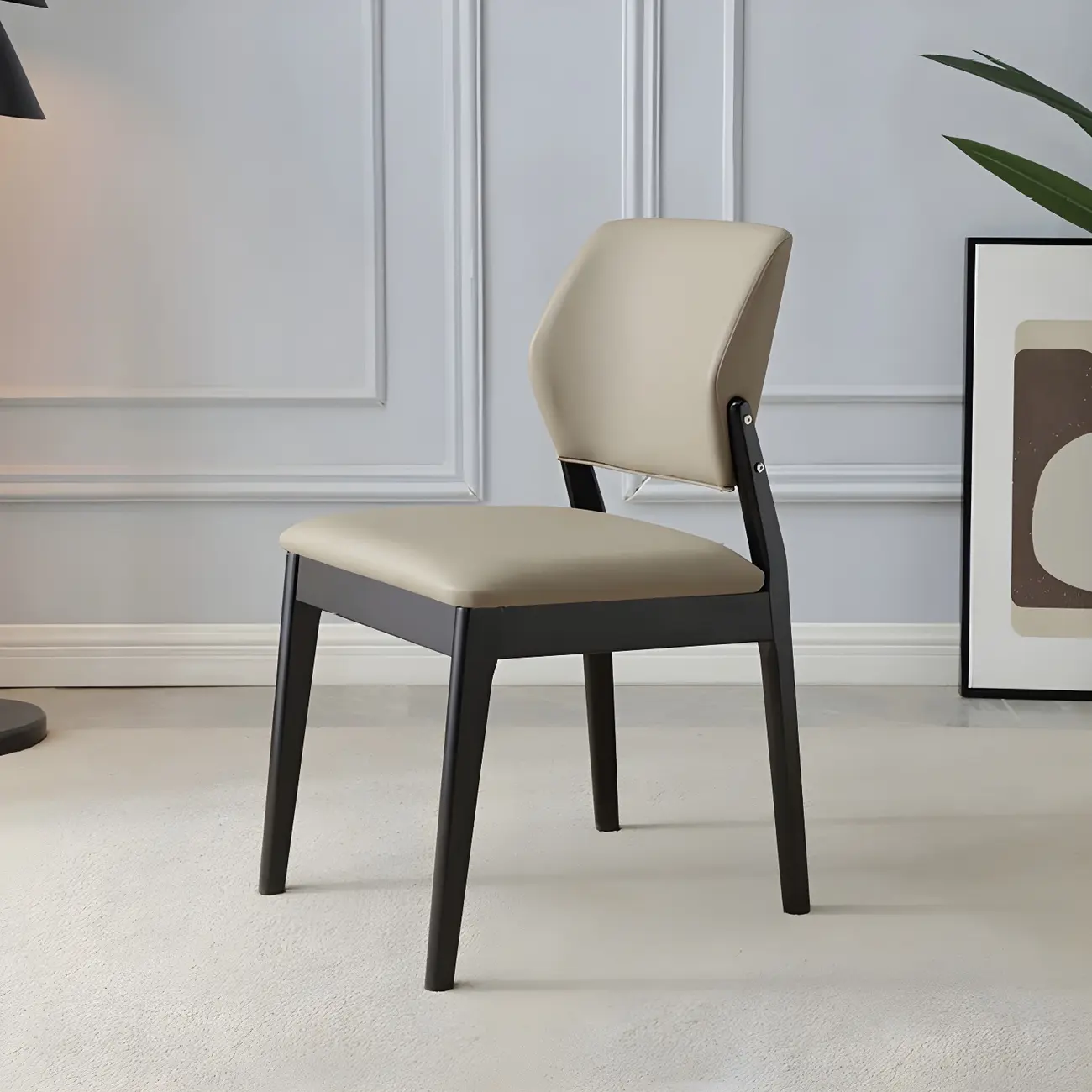Modern Wood Faux Leather Beige Low Back Dining Chair