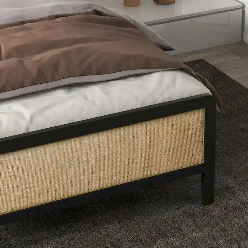 Bed Frame with Rattan Headboard, No Box Spring Needed