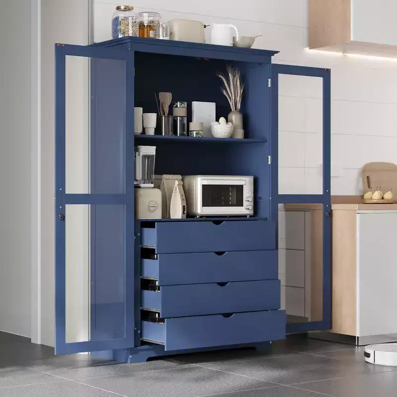 TOPMAX 44.7x20x75inch Kitchen Pantry, Freestanding Kitchen Storage Cabinet Display Cabinet with Glass Doors and 4 Built-in Drawers for Living Room