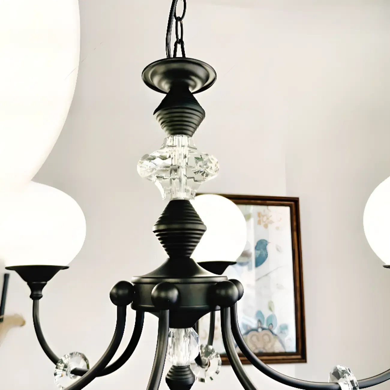 Modern Black 6-Light Glass Globe Chandelier with Crystal Accents