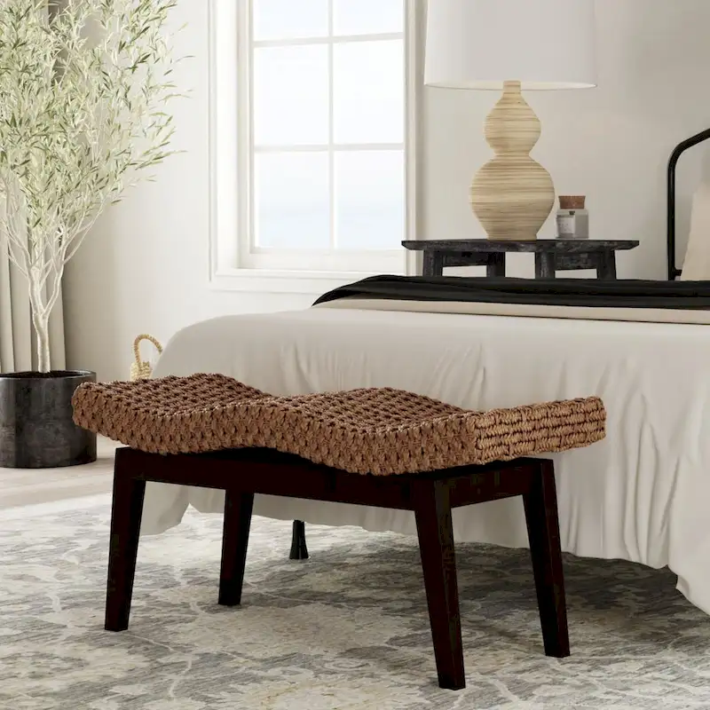 Handwoven Natural Wicker And Teak Wood Bench