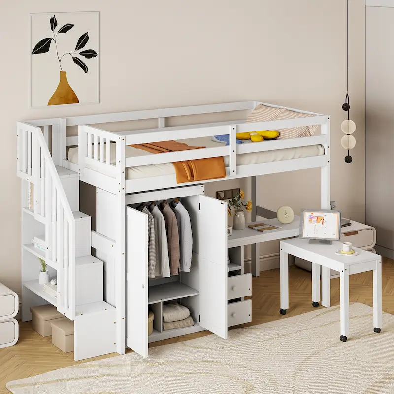 Twin Size Loft Bed with Stairs, Bookshelf, Desk & Wardrobe - Space-Saving Multifunctional Furniture for Kids & Teens-White