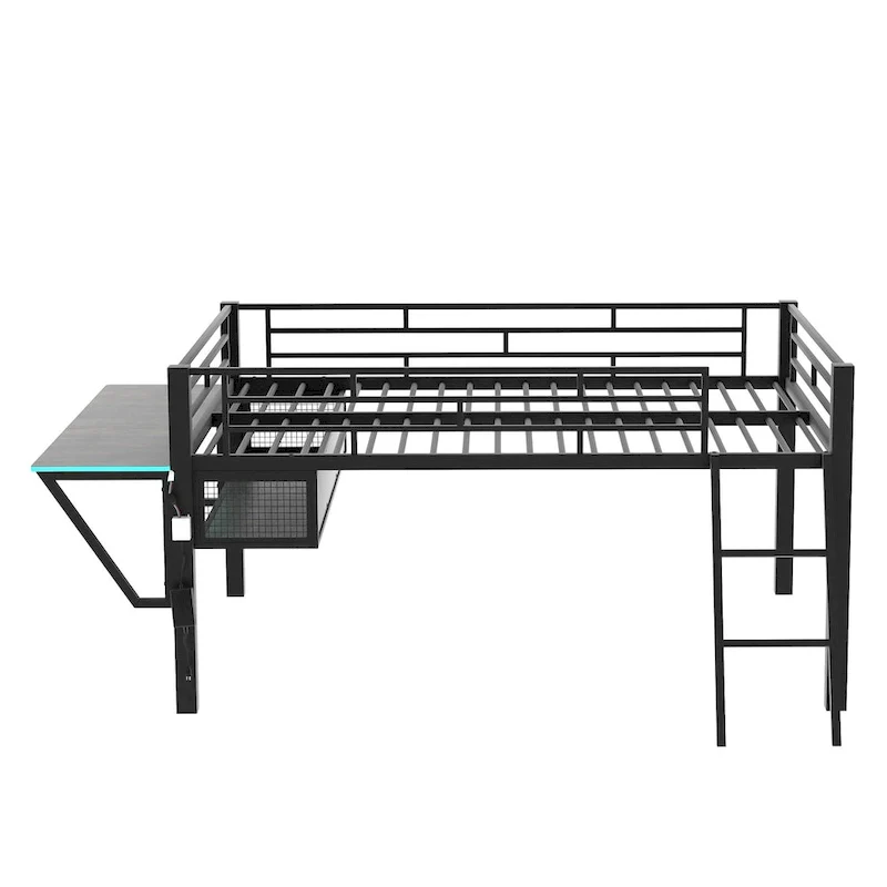 Black Full Size Gaming Mid Loft Bed with Desk, LED Lights & Under-Bed Storage – Sleeps 1