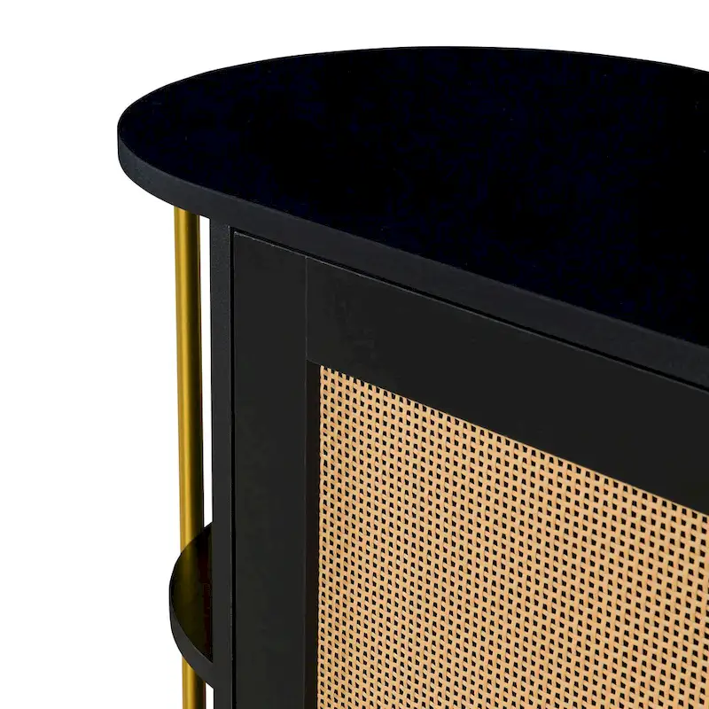 2-Door Storage Cabinet with Woven Rattan Doors, Buffet Sideboard with Gold Trim, Console Table with Curved Open Shelves