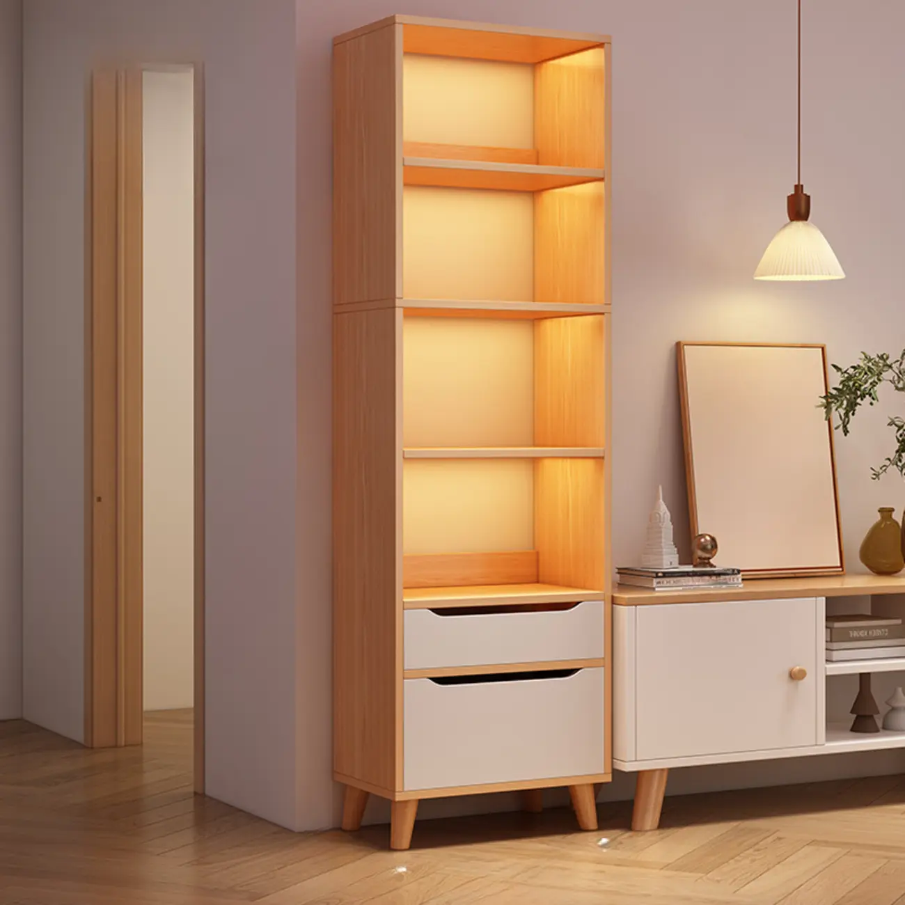 Tall Gray 4-Tier Open Back Wood Bookshelf with Drawer