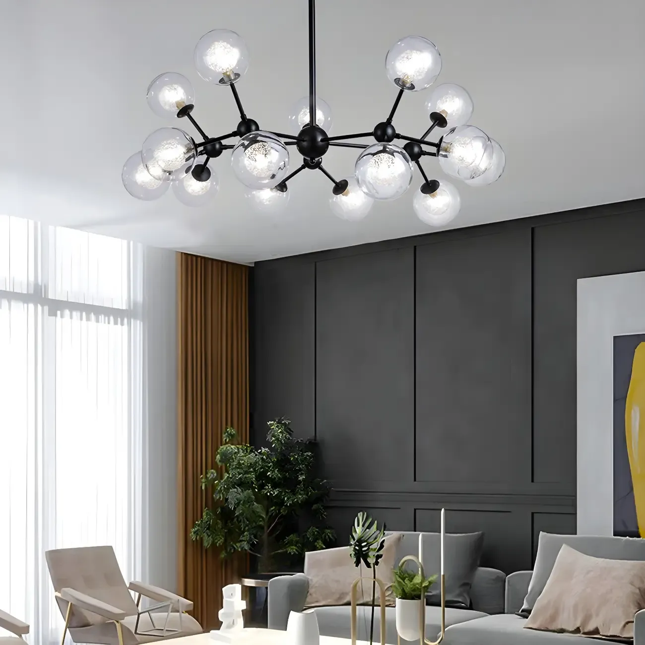 Modern Industrial Sputnik Black Glass 9-18 Light Chandelier
