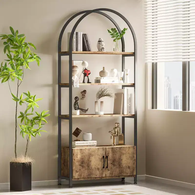 Bookcase, 71.5 Inch Tall Industrial Book Shelf with Metal Frame and Storage,4 Tier Arched Bookshelf, Display Shelf for Living Room and Office