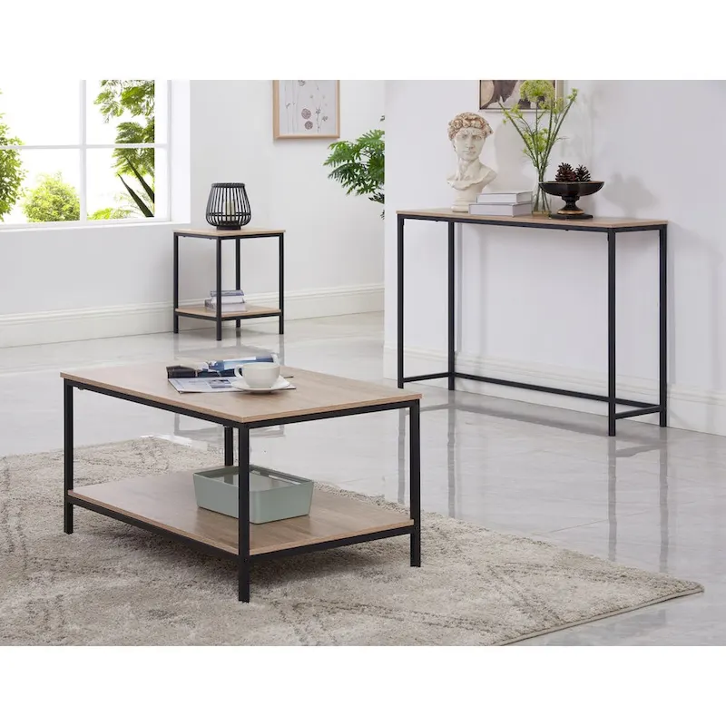 3-Piece Metal & Wood Grain Coffee Table Set – Natural Finish, Black