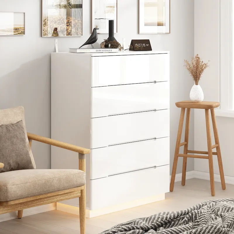 5-Drawer High Gloss Storage Chest with LED Light – White/Black, 1 Person