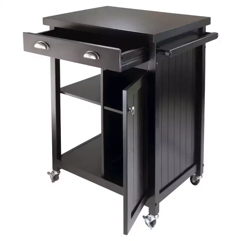 Winsome Timber Kitchen Cart with Wainscoting Panel Wood/Black: Rolling Island, 5 Shelves, 1 Drawer, Storage
