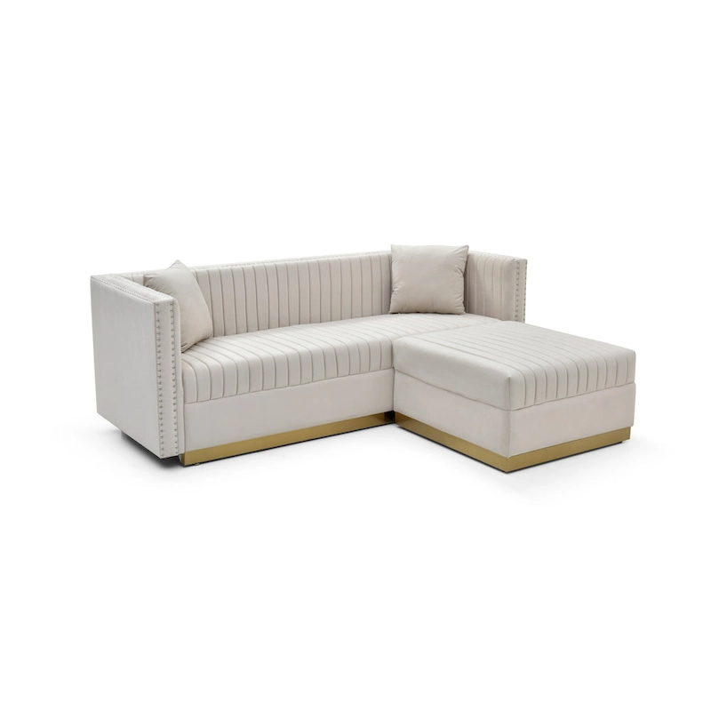 Beige Velvet Tufted L-Shaped Sectional Sofa with Ottoman and 4 Pillows