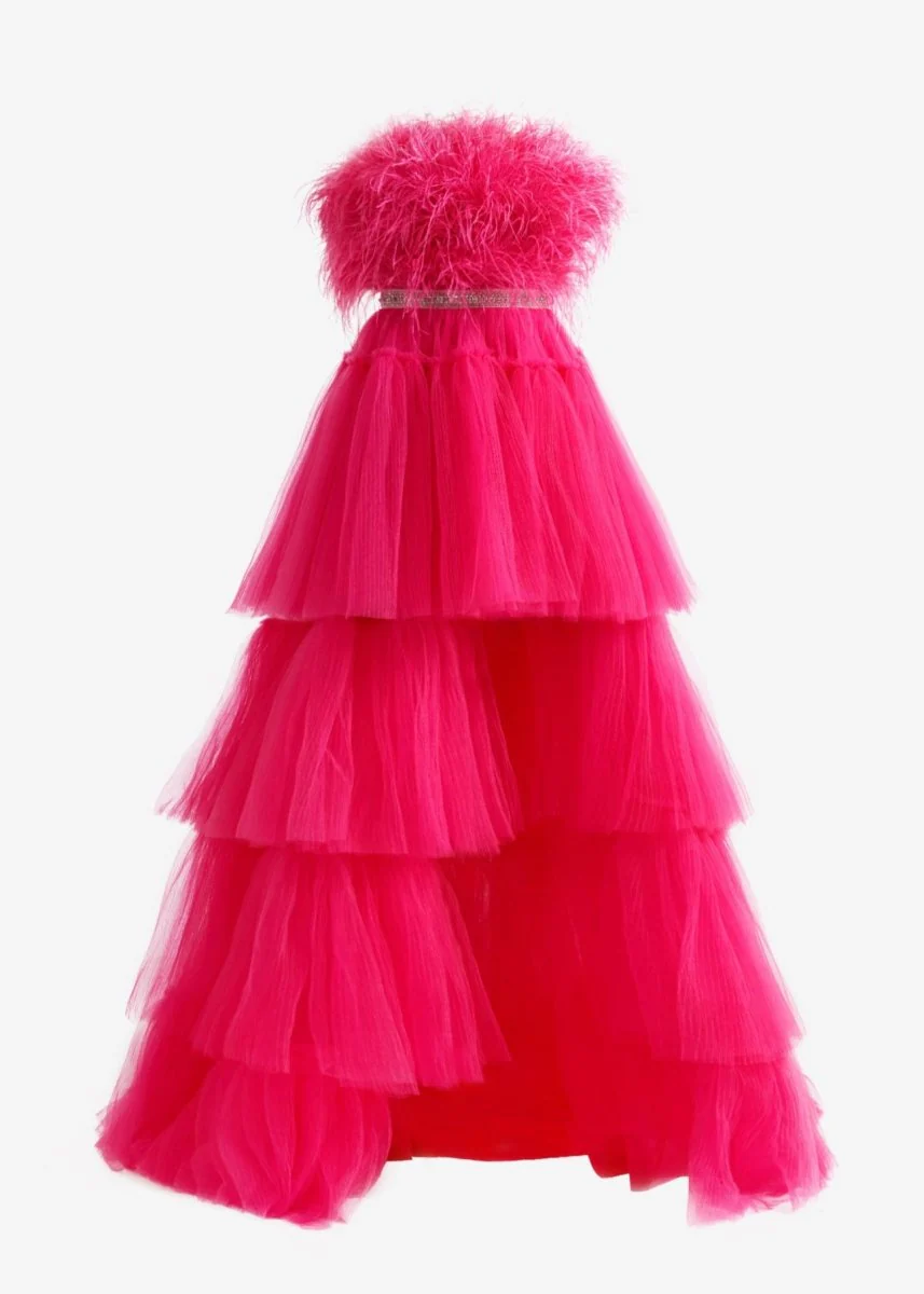 A-line High-Low Strapless Ruffled Tulle Prom Dress with Feathers