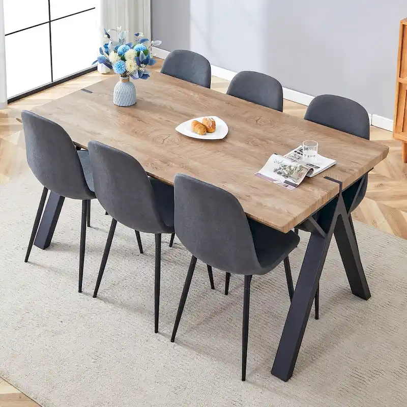 Modern Dining Set with Rectangular Black A-Frame Table & Round Backrest Chairs