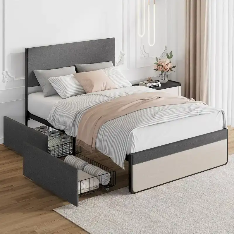 Bed Frame With 2 Storage Drawers And Upholstered Headboard