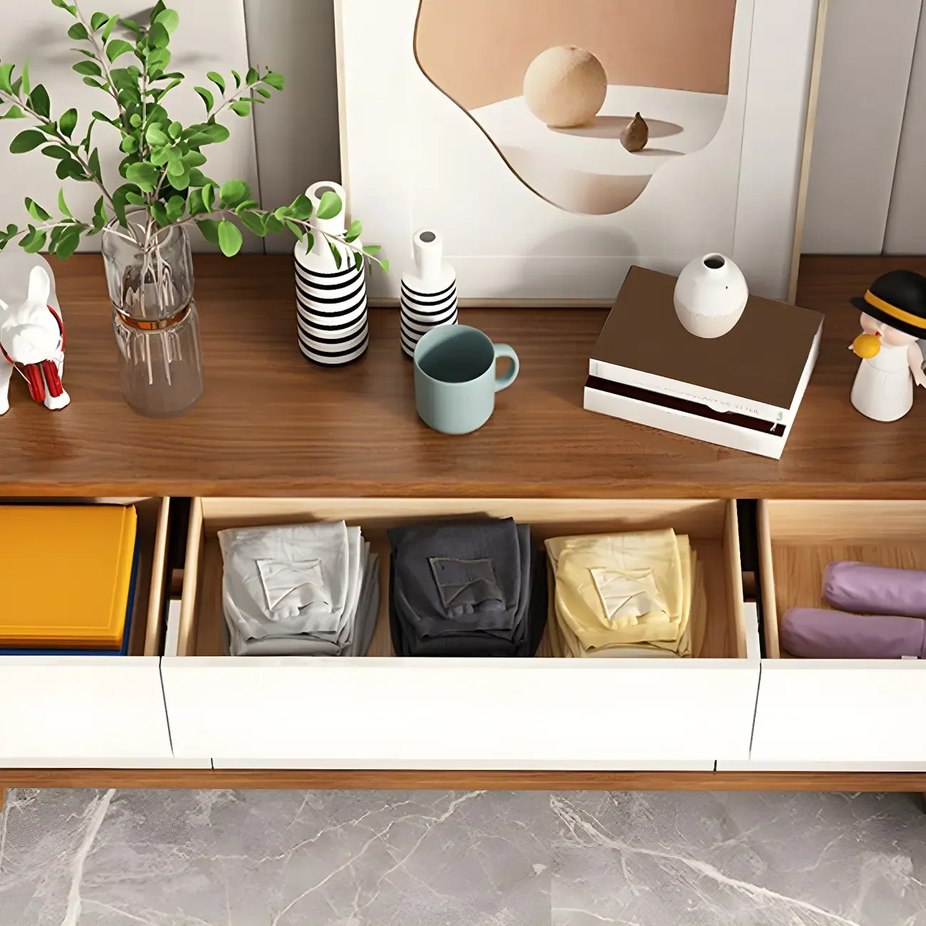 Traditional White-Brown Wooden Double Dresser Arched Edge