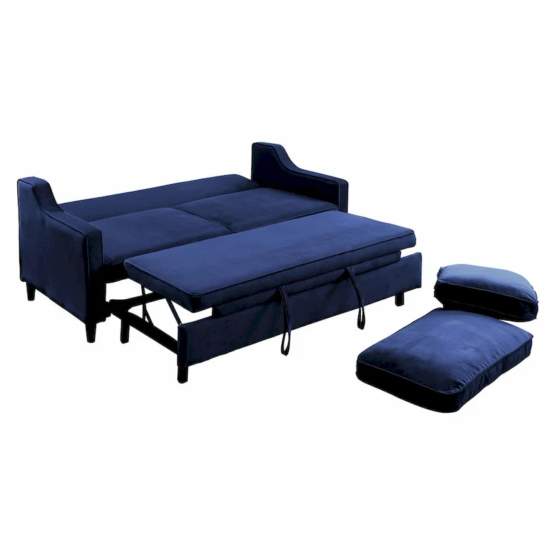 Katy 72 Inch Sleeper Sofa, Convertible Pull Out Bed, Solid Wood Blue Velvet